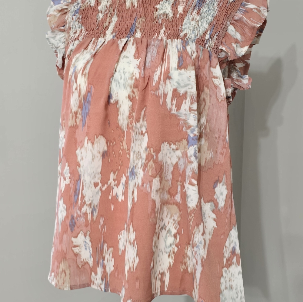 Hayden NWT Pink-Coral Watercolor Smocked Top Ruffled Top Women's Size Small - Picture 4 of 11